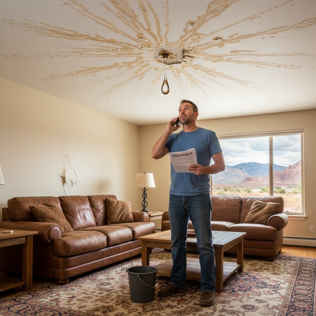 Homeowner reviewing insurance paperwork while dealing with water damage in their Utah home